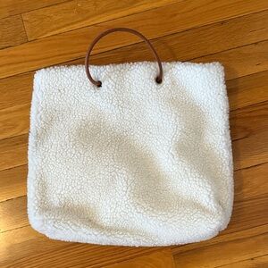 Anthropologie White Sherpa Tote with Brown Handles